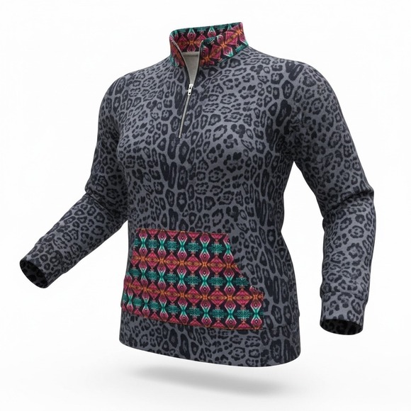 Crazy Train Tops - Crazy Train Leopard Print Geometric Pocket Quarter Zip Pullover Women's 2X